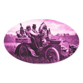 APACHES AND GERONIMO DRIVING A MOTOR CAR OVAL STICKER