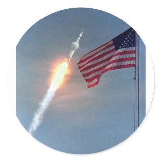 Apollo 11 launch, with flag, NASA Classic Round Sticker