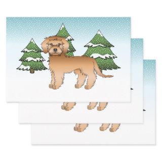 Apricot Mini Goldendoodle Dog In A Winter Forest  Sheets