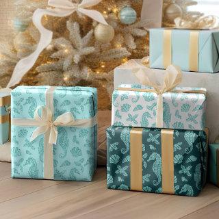 Aqua Blue Christmas Coastal Glitter Seahorses   Sheets