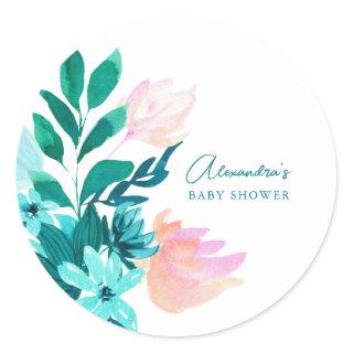 Aqua Blue Green Watercolor Floral Baby Shower Classic Round Sticker