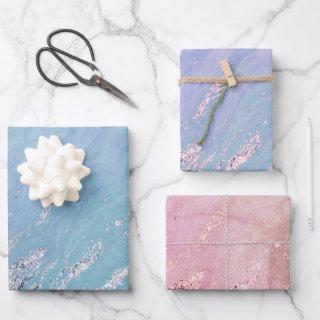 Aqua Blue Marble Texture Silver Glitter Sea Waves  Sheets