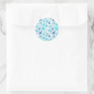 Aqua-blue-teal watercolor mixed seashell design classic round sticker