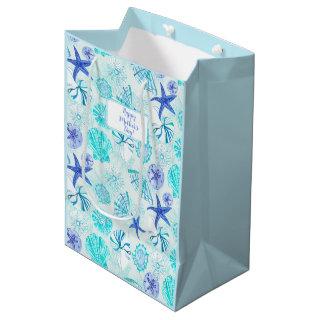 Aqua-blue-teal watercolor seashell-w/custom name medium gift bag