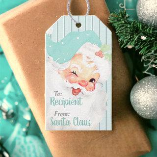 Aqua Blue Vintage Winking Santa Claus Christmas Gift Tags