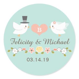 AQUA MONOGRAMMED DOVE LOVE BIRDS WEDDING CLASSIC ROUND STICKER