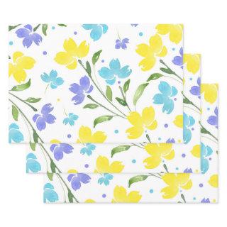 Aqua Periwinkle Yellow Watercolor Floral Stems    Sheets