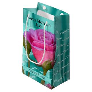 Aqua Satin - Happy Mother's Day - Pink Rose Text Small Gift Bag