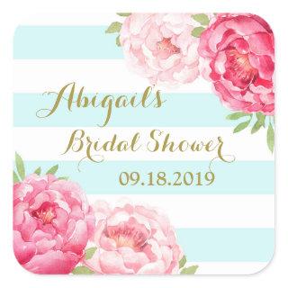 Aqua Stripes Pink Floral Bridal Shower Favor Tag