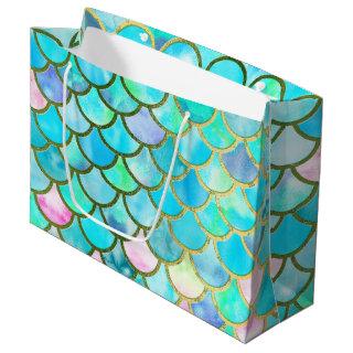 Aqua Teal Blue Watercolor Mermaid Scales Pattern Large Gift Bag
