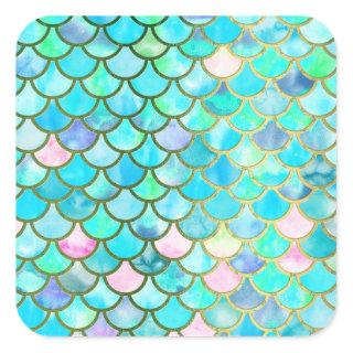 Aqua Teal Blue Watercolor Mermaid Scales Pattern Square Sticker