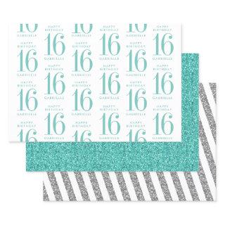 Aqua Teal Glitter Sweet 16 Personalized Turquoise  Sheets