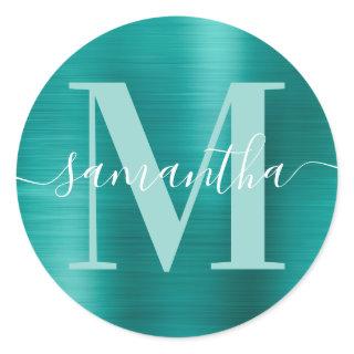 Aqua Teal Modern Signature Monogram Foil Classic Round Sticker