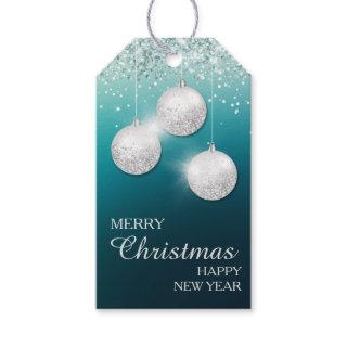 Aqua Teal Silver Glitter Christmas Bulbs Gift Tags