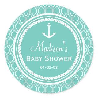 Aqua Turquoise Retro Nautical Anchor Baby Shower Classic Round Sticker
