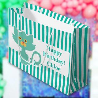 Aqua-White Stripe•Cat•Custom Large Gift Bag