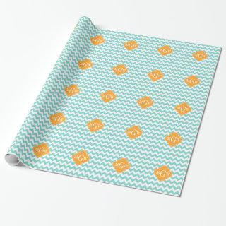 Aqua Wht Chevron Cantaloupe Quatrefoil 3 Monogram