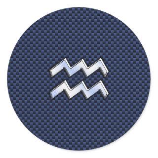 Aquarius Zodiac Sign on navy blue carbon fiber Classic Round Sticker