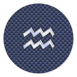 Aquarius Zodiac Sign on Royal Blue Carbon Fiber Classic Round Sticker