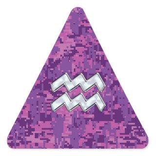 Aquarius Zodiac Symbol on Pink Digital Camouflage Triangle Sticker