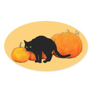 Arching Black Cat with Pumpkins Oval Sticker