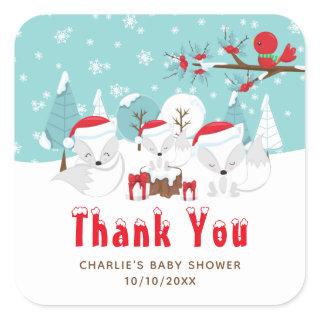 Arctic Foxes Christmas Baby Shower Thank You Square Sticker