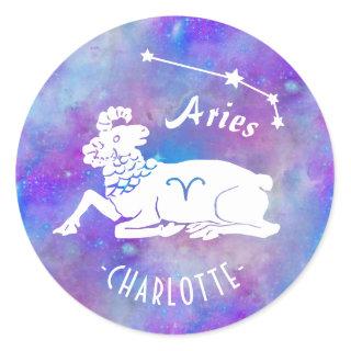 Aries Ram Constellation Stars Custom Name Birthday Classic Round Sticker