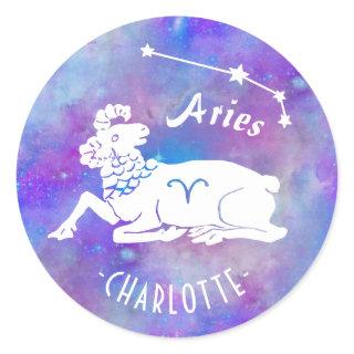 Aries Ram Constellation Stars Custom Name Birthday Classic Round Sticker