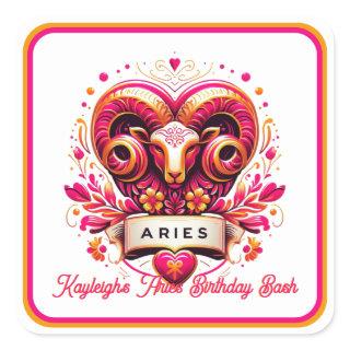 Aries Zodiac Sign Pink and Orange Ram Birthday Square Sticker