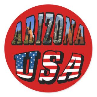 Arizona Picture and USA Flag Text Classic Round Sticker