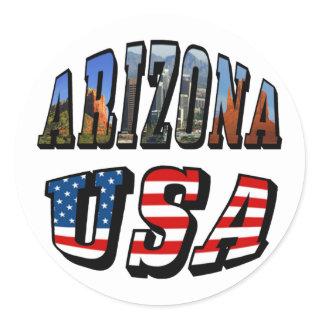 Arizona Picture and USA Flag Text Classic Round Sticker