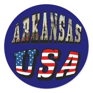 Arkansas Picture and USA Flag Text Classic Round Sticker