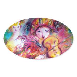 ARLECCHINO AND COLOMBINA ,Pink Fuchsia Yellow Blue Oval Sticker