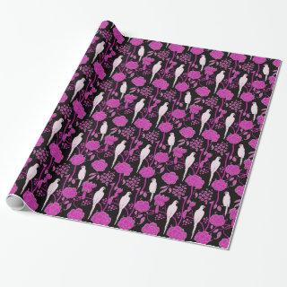 ART DECO PURPLE FLOWERS,WHITE PARROTS ON BLACK