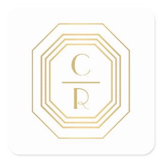 Art Deco Stacked Monogram Logo Gold/White Square Sticker