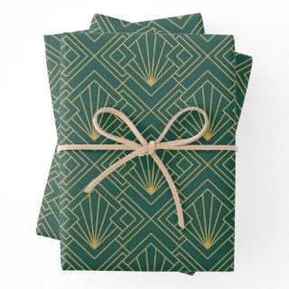 Art Deco Vintage Abstract Geometric Green and Gold  Sheets