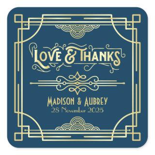 Art Deco Wedding Love & Thanks Gold Blue Favor Square Sticker