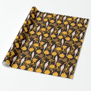 ART DECO YELLOW FLOWERS,WHITE PARROTS ON BLACK