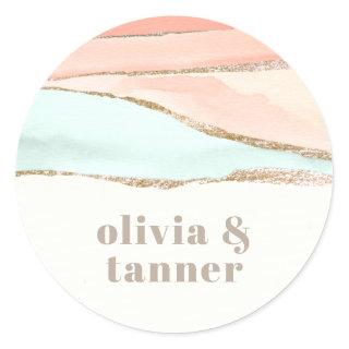 Artistic Coastal Watercolor Abstract Wedding Classic Round Sticker