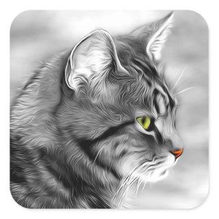 Artistic Gray & Black Feline Portrait Square Sticker
