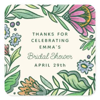 Artistic Scandinavian Folk Floral Bridal Shower Square Sticker