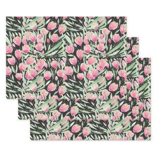 Artsy Pink Green Black Tulips Floral Watercolor  Sheets