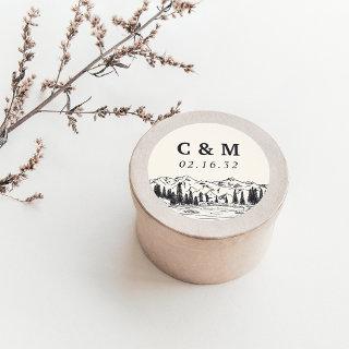 Ash Black | Mountain Sketch Wedding Monogram Classic Round Sticker