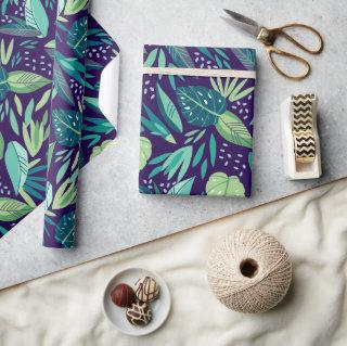 Assorted Tropical Green Leafs Pattern On Purple