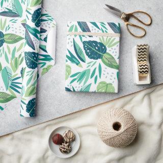 Assorted Tropical Green Leafs Pattern On White