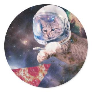 Astronaut cat hunting a pizza slice classic round sticker