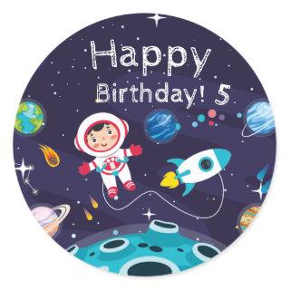 Astronaut child on the moon, monogrammed name classic round sticker