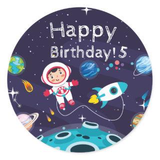 Astronaut child on the moon, monogrammed name Classic Round Sticker
