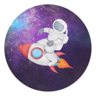 Astronaut on rocket classic round sticker