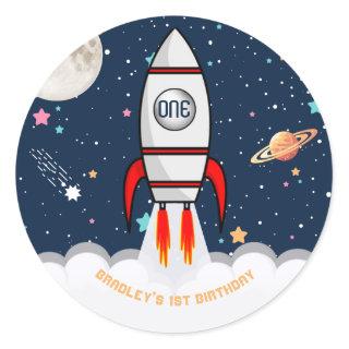 Astronaut Rocket Outer Space 1st Birthday Classic Round Sticker